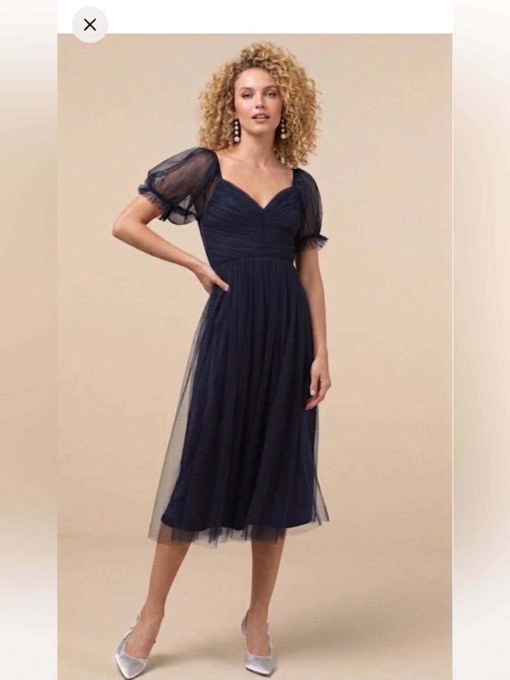 Lulus Romantic Navy Tulle Pleated Puff Sleeve Midi Dress Medium New with Tag